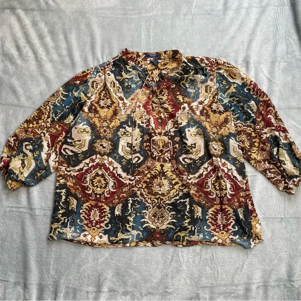 Chaps Blouse 2X Womens Paisley Multi Boho Semi-sheer Tie Neck - Picture 1 of 8